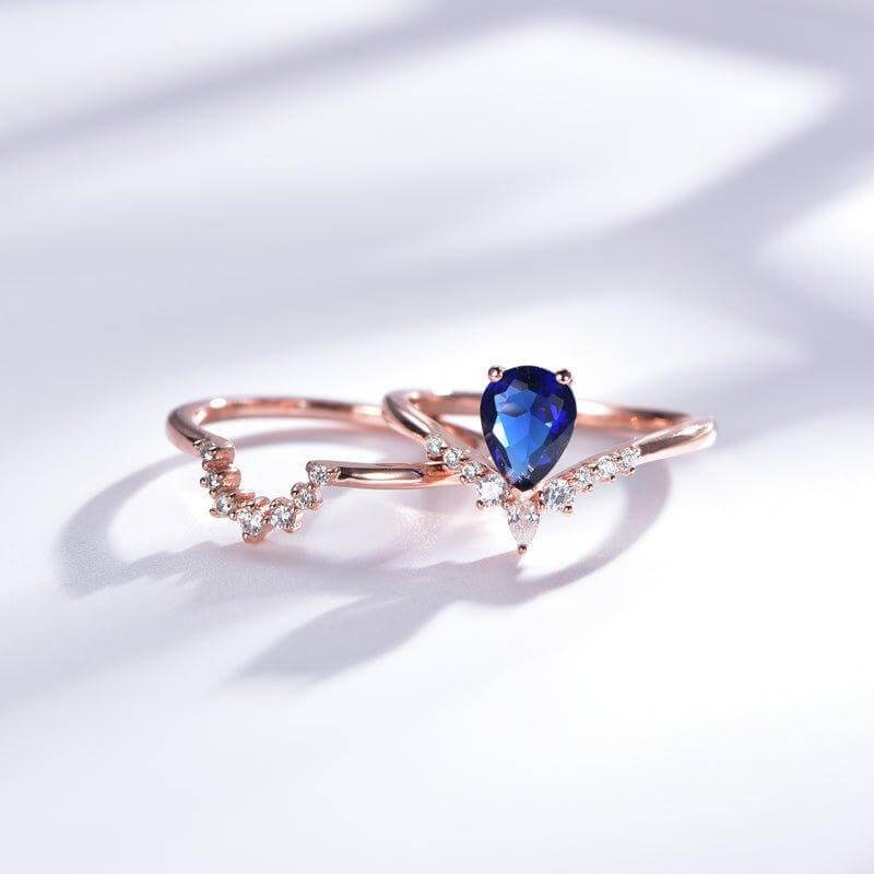 2Pcs Blue Sapphire Tear Drop Engagement Ring Set - Trendolla Jewelry