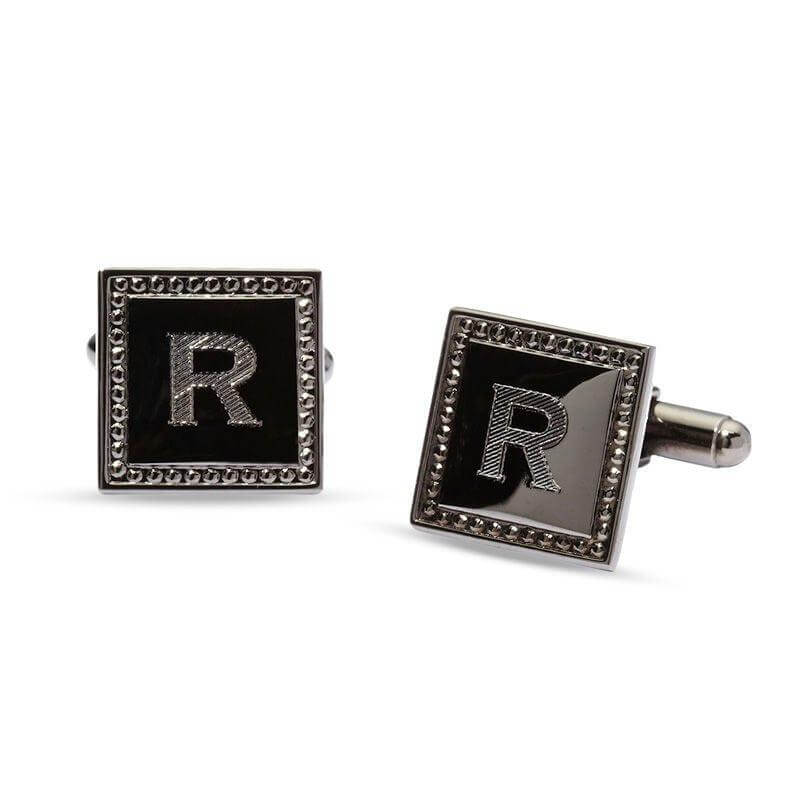 Men's Engravable Square Bead Frame Cuff Links in Brass with Gunmetal Grey Electroplate (1 Initial) of Trendolla - Trendolla Jewelry