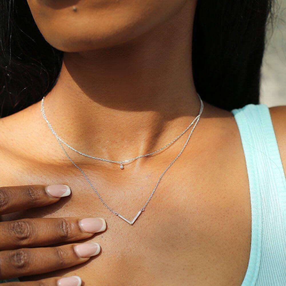 Tear Drop Bead Diamond Double Layered Necklace With V Shape Pendant - Trendolla Jewelry