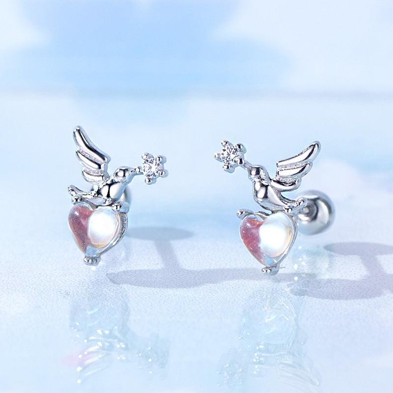 Trendolla Flying Bird With Heart CZ Flat Back Earrings - Trendolla Jewelry